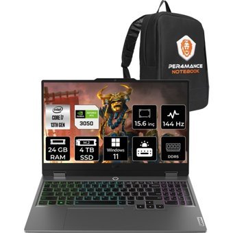 Lenovo LOQ 83DV00G5TRP355 Harici GeForce RTX 3050 Intel Core i7 13650HX 24 GB Ram 4 TB SSD 15.6 inç Full HD Windows 11 Home Oyuncu Laptop + PER4 Çanta