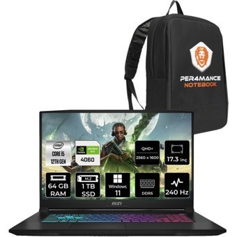 MSI Katana 17 B12VFK1031XTRP413 Harici GeForce RTX 4060 Intel Core i5 12450H 64 GB Ram 1 TB SSD 17.3 inç Full HD Windows 11 Pro Oyuncu Laptop + PER4 Çanta