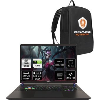 MSI Vector 17 HX A14VIG879XTRP327 Harici GeForce RTX 4090 Intel Core i9 14900HX 48 GB Ram 512 GB SSD 17 inç QHD FreeDos Oyuncu Laptop + PER4 Çanta