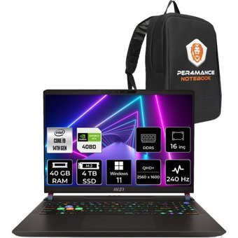 MSI Vector 16 HX A14VHG497XTRP405 Harici GeForce RTX 4080 Intel Core i9 14900HX 40 GB Ram 4 TB SSD 16 inç QHD Windows 11 Pro Oyuncu Laptop + PER4 Çanta