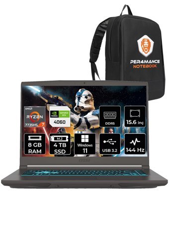 MSI Thin A15 B7VF-075XTR Harici GeForce RTX 4060 AMD Ryzen 7 7735HS 8 GB Ram 4 TB SSD 15.6 inç Full HD Windows 11 Home Oyuncu Laptop + PER4 Çanta