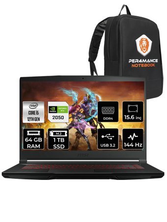 MSI Thin GF63 12UCX-427XTR Harici GeForce RTX 2050 Intel Core i5 12450H 64 GB Ram 1 TB SSD 15.6 inç Full HD FreeDos Oyuncu Laptop + PER4 Çanta