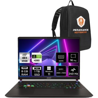 MSI Vector 16 HX A14VHG497XTRP383 Harici GeForce RTX 4080 Intel Core i9 14900HX 8 GB Ram 1 TB SSD 16 inç QHD Windows 11 Pro Oyuncu Laptop + PER4 Çanta