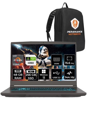 MSI Thin A15 B7VF-075XTR Harici GeForce RTX 4060 AMD Ryzen 7 7735HS 48 GB Ram 256 GB SSD 15.6 inç Full HD Windows 11 Home Oyuncu Laptop + PER4 Çanta