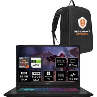 MSI Katana A17 AI B8VE853XTRP417 Harici GeForce RTX 4050 AMD Ryzen 7 8845HS 96 GB Ram 512 GB SSD 17.3 inç Full HD Windows 11 Pro Oyuncu Laptop + PER4 Çanta