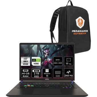 MSI Vector 17 HX A14VIG879XTRP404 Harici GeForce RTX 4090 Intel Core i9 14900HX 40 GB Ram 2 TB SSD 17 inç QHD Windows 11 Pro Oyuncu Laptop + PER4 Çanta