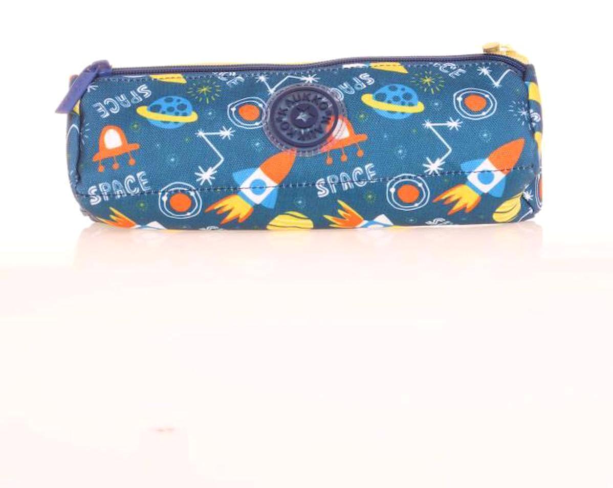 Kaukko Kids Evolution Space L8182 Çok Renkli Desenli Bez Bölmeli 3 Gözlü Dikdörtgen Cüzdan Kalemlik