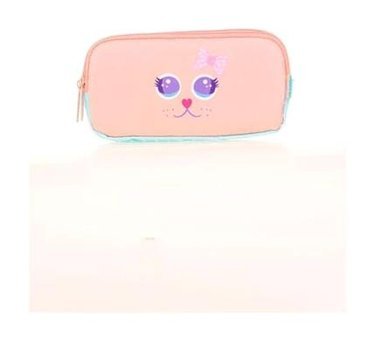 Kaukko Kids Cute Face Cat L8142 Çok Renkli Desenli Bez Bölmeli 3 Gözlü Dikdörtgen Cüzdan Kalemlik