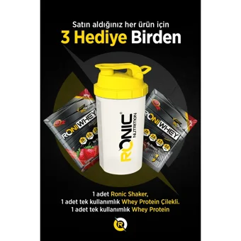 Ronic Nutrition Çikolata Aromalı 30 Servis Kilo Aldırıcı Gainer 3000 gr Toz + Shaker + Tek Kullanımlık Whey Protein Çilek Aromalı 2 Adet