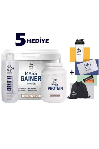 Navy Plus Nutrition Çikolata Aromalı 50 Servis Kilo Aldırıcı Gainer 5400 gr Toz + Whey Protein 416 gr + L-Karnitin + Shaker + Havlu + Çanta + Protein Bar 2 Adet