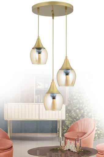 Dede 3'lü Metalik Şapkalı Modern Metal Salon-Oturma Odası Avize