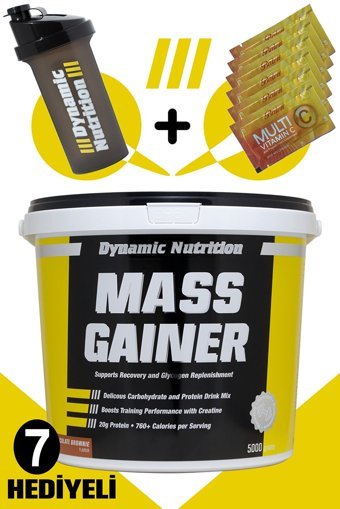 Dynamic Nutrition Çikolata - Brownie Aromalı 42 Servis Kas Yapıcı Gainer 5000 gr Toz + Shaker + Multi C 6 Adet