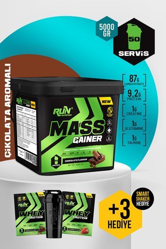 Run Nutrition Çikolata Aromalı 50 Servis Kilo Aldırıcı Gainer 5000 gr Toz + Shaker + Tek Kullanımlık Protein Tozu 2 Adet