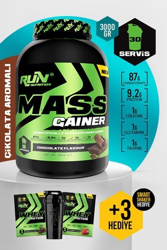 Run Nutrition Çikolata Aromalı 30 Servis Kilo Aldırıcı Gainer 3000 gr Toz + Shaker + Whey Protein Tozu 2 Adet