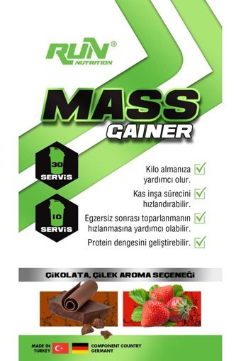 Run Nutrition Çikolata Aromalı 30 Servis Kilo Aldırıcı Gainer 3000 gr Toz + Shaker + Whey Protein Tozu 2 Adet
