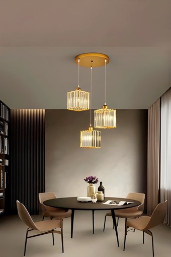 Lit Dizayn 3'lü Krem-Gri Silindir Modern Kumaş Salon-Oturma Odası Avize