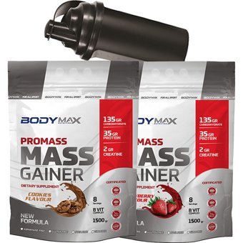 Body Maxx Çikolata - Kurabiye Aromalı 16 Servis Kilo Aldırıcı Gainer 2x1500 gr Toz + Shaker