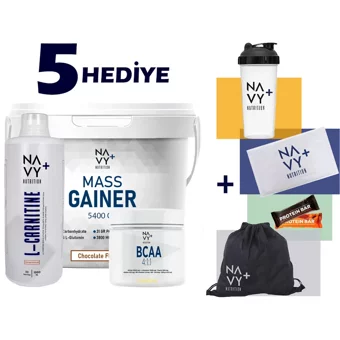 Navy Plus Nutrition Çikolata Aromalı 50 Servis Kilo Aldırıcı Gainer 5400 gr Toz + Bcaa 228 gr + L-Karnitin 1000 ml + Shaker + Havlu + Çanta + Protein Bar 2 Adet