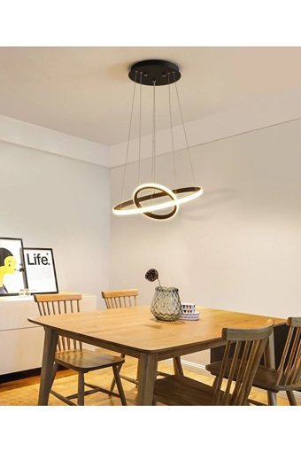Özcan Aydınlatma 3'lü Siyah Halka Modern Ahşap Salon-Oturma Odası Avize
