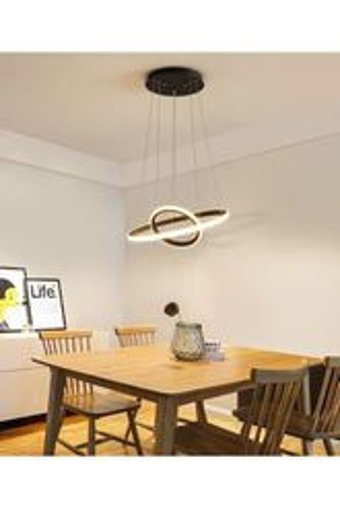 Özcan Aydınlatma 3'lü Siyah Halka Modern Ahşap Salon-Oturma Odası Avize
