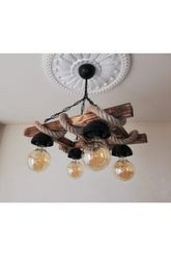 Ahşap Atölye Vintage 4'lü Kahverengi Ahşap Rustik Ahşap Salon-Oturma Odası Avize