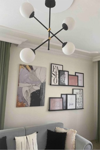 Fer Avize Damla 3'lü Siyah Sarkıt Modern Cam Salon-Oturma Odası Avize