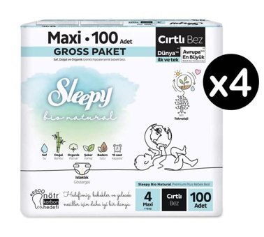 Sleepy Bio Natural 4 Numara Organik Cırtlı Bebek Bezi 4x100'lü