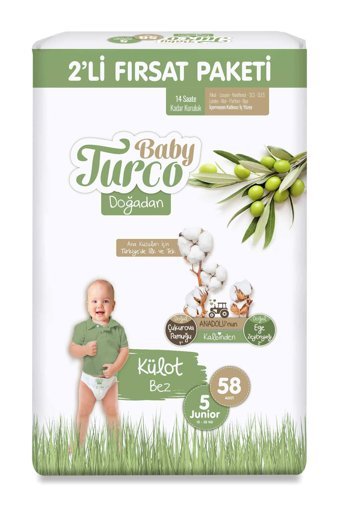 Baby Turco Doğadan 5 Numara Organik Göbek Oyuntulu Külot Bebek Bezi 2x58'li