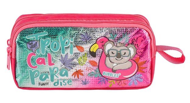 Muggle Tropikal Pradice Pembe Desenli Bez Bölmeli Çift Gözlü Dikdörtgen Cüzdan Kalemlik