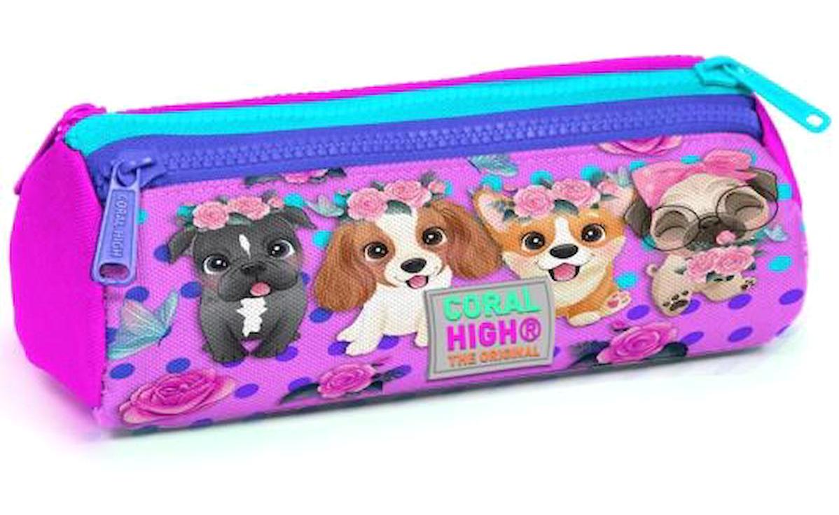Coral High Kids 22050 Pembe Baskılı Bez Bölmeli 3 Gözlü Silindir Cüzdan Kalemlik