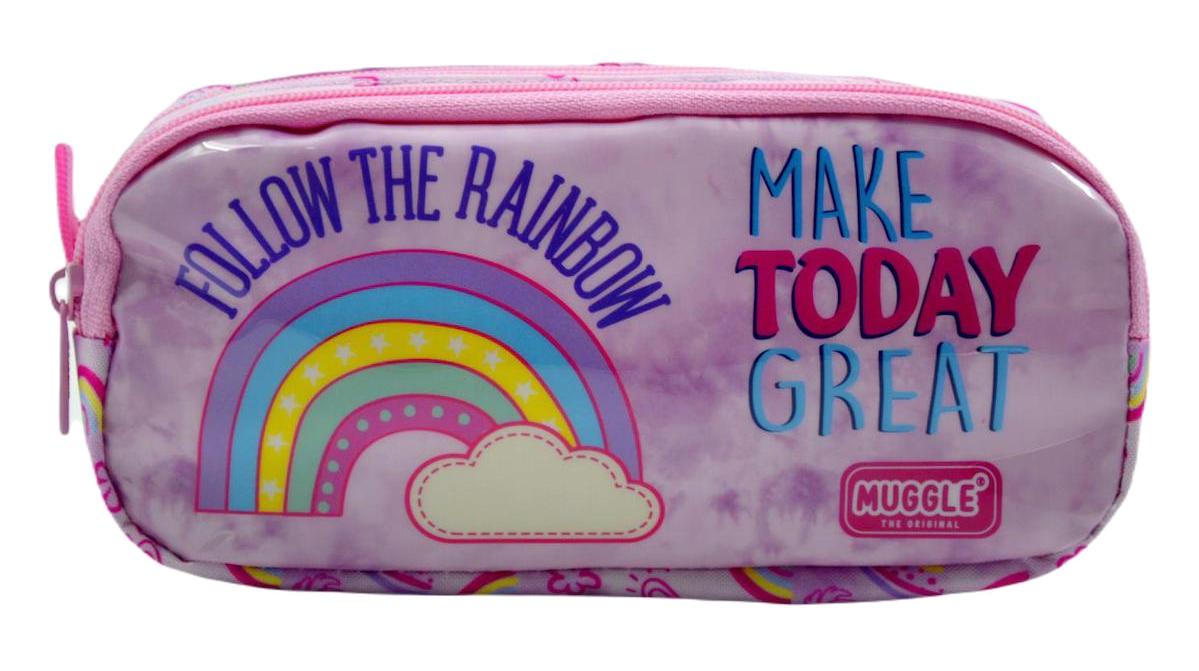 Muggle Soft Rainbow Pembe Baskılı Bez Bölmeli Çift Gözlü Dikdörtgen Cüzdan Kalemlik