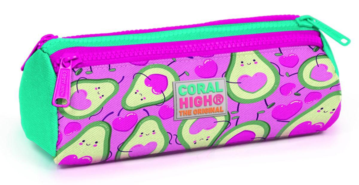 Coral High Pembe-Su Yeşili Baskılı Bez Bölmeli 3 Gözlü Silindir Cüzdan Kalemlik