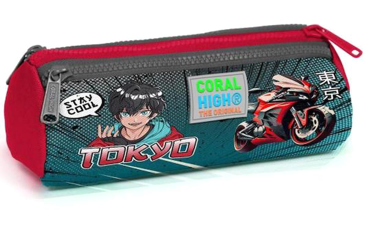 Coral High Kids 22064 Çok Renkli Baskılı Bez Bölmeli 3 Gözlü Silindir Cüzdan Kalemlik