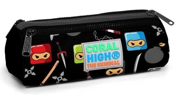 Coral High Kids 22325 Siyah Baskılı Bez Bölmeli 3 Gözlü Üçgen Cüzdan Kalemlik