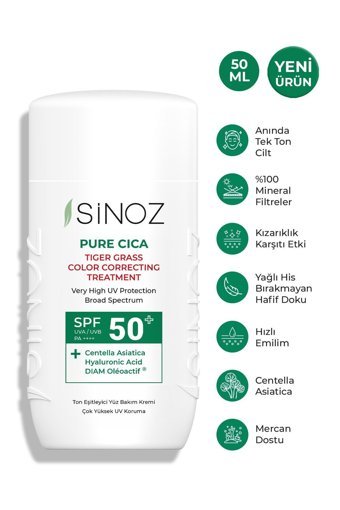 Sinoz Pure Cica Tiger Grass Renkli 50 Faktör Tüm Ciltler İçin Leke Karşıtı Nemlendirici Ton Eşitleyici Mineral Filtreli Kapatıcılı Yağsız Suya Dayanıklı Yüz Güneş Kremi 50 ml