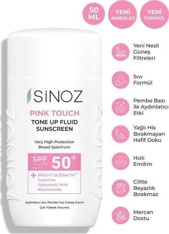 Sinoz Pink Touch Renkli 50 Faktör Normal Ciltler İçin Leke Karşıtı Nemlendirici Ton Eşitleyici Yaşlanma Karşıtı Aydınlatıcı Mineral Filtreli Kapatıcılı Suya Dayanıklı Yüz Güneş Kremi 50 ml