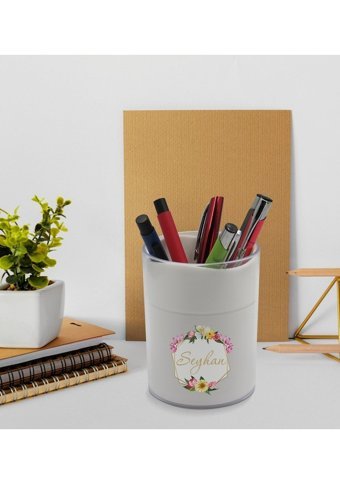 Bk Model 9 Karışık Çiçek Desenli Beyaz Tek Gözlü Kalemlik