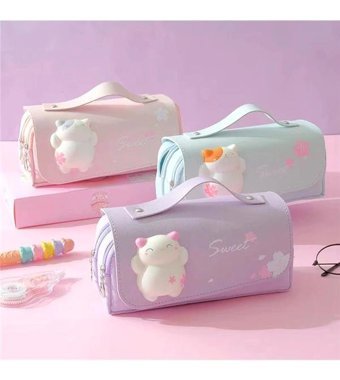 Kaukko Kedi Squishy Pembe Bölmeli Çift Gözlü Cüzdan Kalemlik