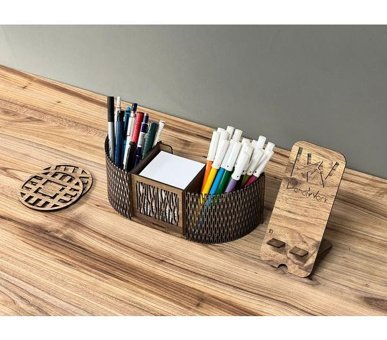 Landiwork Ahşap Bölmeli Çift Gözlü Kalemlik