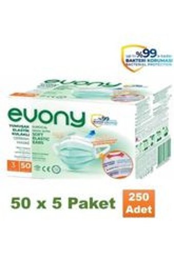 Evony Tek Kullanımlık 3 Katlı Lastikli Telli 250'li Yetişkin Cerrahi Maske Yeşil