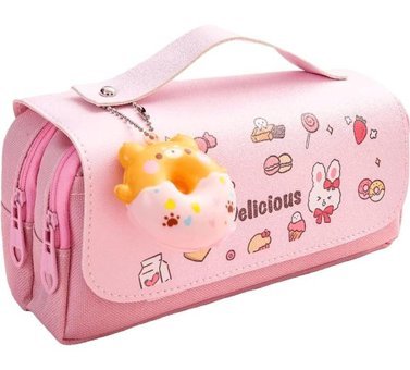 Heamor Kawaii Doodle Desenli Pembe Bölmeli Çift Gözlü Cüzdan Kalemlik