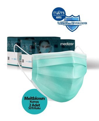 Medizer Tek Kullanımlık 3 Katlı Lastikli Telli 100'lü Yetişkin Ultrasonik Cerrahi Maske Yeşil