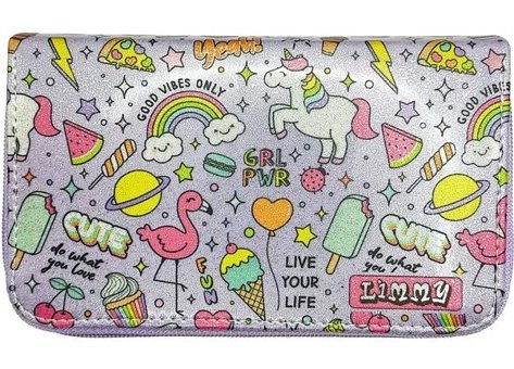 Limmy Unicorn Mor Bölmeli Simli 3 Gözlü Cüzdan Kalemlik