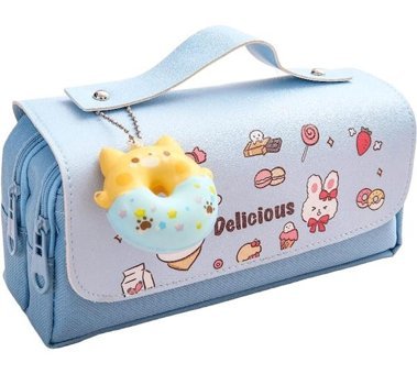 Heamor Kawaii Doodle Desenli Mavi Bölmeli Çift Gözlü Cüzdan Kalemlik
