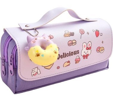 Heamor Kawaii Doodle Desenli Mor Bölmeli Çift Gözlü Cüzdan Kalemlik