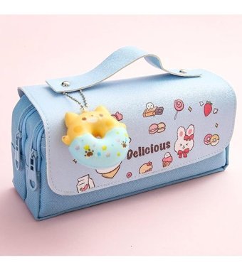 Heamor Kawaii Doodle Desenli Mor Bölmeli Çift Gözlü Cüzdan Kalemlik