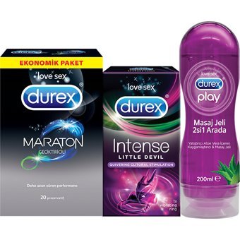 Durex Maraton Geciktiricili Prezervatif 20'li+Intense Little Devil Titreşimli Halka+Play 2si 1 Arada Masaj Jeli