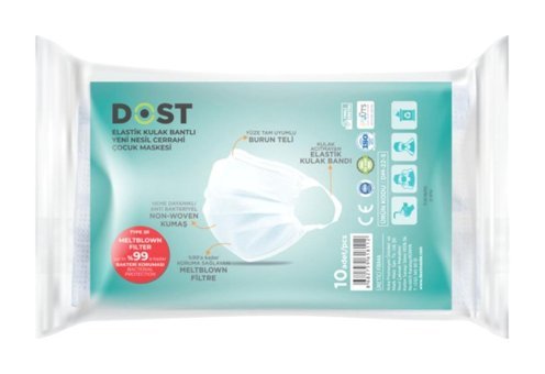Dost Tek Kullanımlık 3 Katlı Lastikli Telli 50'li Yetişkin Ultrasonik Cerrahi Maske Beyaz