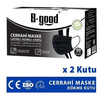 B-Good Tek Kullanımlık 3 Katlı Lastikli Telli 100'lü Yetişkin Cerrahi Maske Siyah