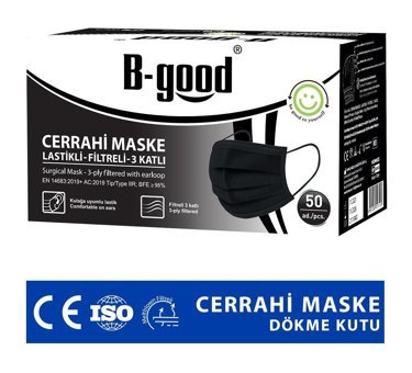 B-Good Tek Kullanımlık 3 Katlı Lastikli Telli 50'li Yetişkin Cerrahi Maske Siyah